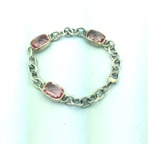 Sterling Silver Pink Topaz Square Link Bracelet 7 1/2" - Picture 1 of 2