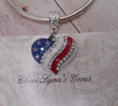 PATRIOTIC HEART RED WHITE BLUE CZ EUROPEAN BRACELET CHARM BEAD PENDANT & POUCH! - Image 1 of 4