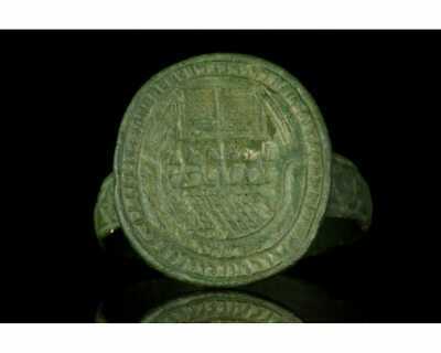 European Fine Solid Bronze Ring With Ship Engraved, Ca 1400 -1600 AD • 350$