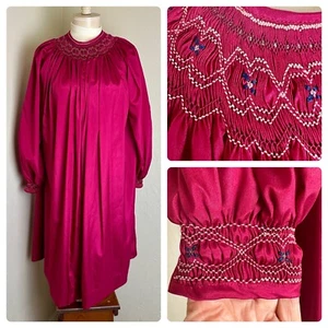 RARE 1960's OOAK Handmade Hand Smocked Raspberry Magenta Silk Taffeta Dress M - Picture 1 of 15