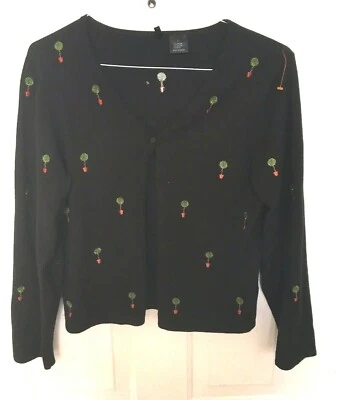 Cardigan Sweater Black Embroidered Plants Green Women's Large Long Sleeve EUC - Image 1 of 3