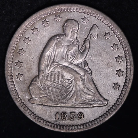 1859 Seated Liberty Quarter CHOICE AU FREE SHIPPING E675 RCQS Cover