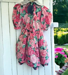 Neu mit Etikett 1980er Anne Savoy rosa Rosen Blumen Kleid 3/4 Puffärmel Gr. 6 - Bild 1 von 9