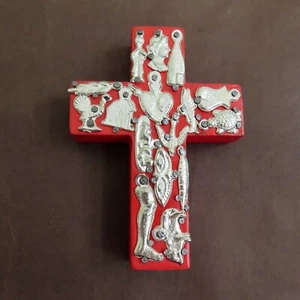 Milagros Cross Wood Hand Painted Red Heart Milagro Handmade Mexican Folk Art - Picture 1 of 18