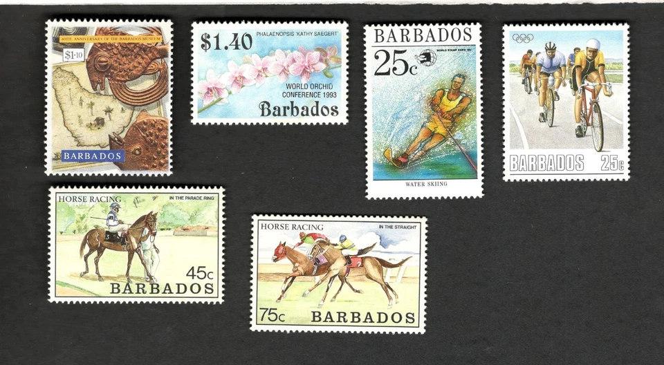 6 Asst Barbados Sc #727 #769 #774-75 #829 #854 Horses Sports Flowers  MHN stamps Foto 1 de 1