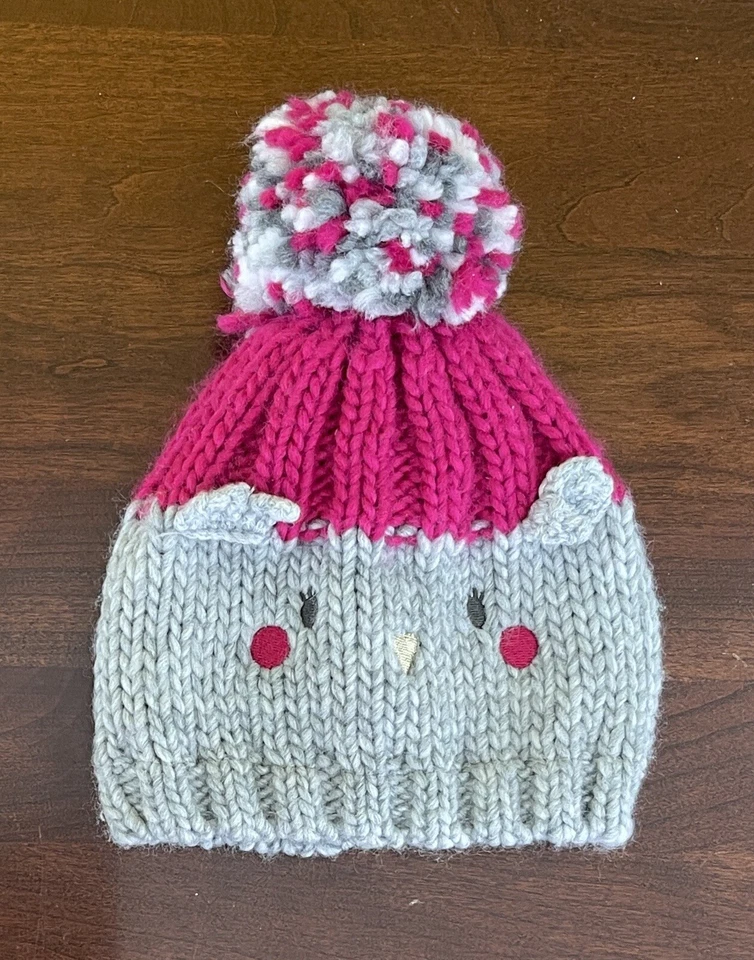 Carters Baby Girls Lined Cozy Soft Cute Owl Knit Pom Pom Hat Pink Gray 0-3 M - Image 1 of 4