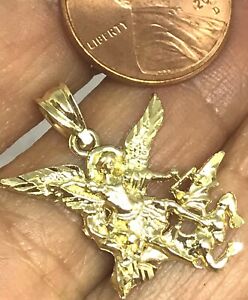GOLd St Saint San Michael Miguel pendant 10k yellow Necklace charm solid oro 1"