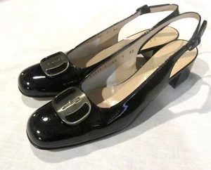 Salvatore Ferragamo 9 2A Black Patent Calf Slingback Pumps Pewter Buckle - Picture 1 of 9
