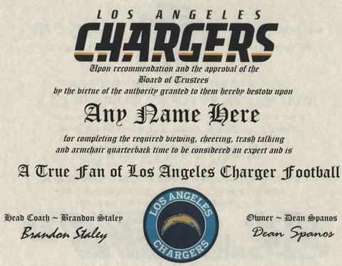 LOS ANGELES CHARGERS FOOTBALL  ~ CERTIFICATE ~ DIPLOMA ~NAM CAVE  GIFT  FUN Cover