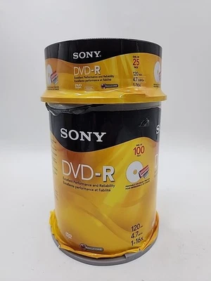 Sony DVD-R 4.7GB 120min 1-16X Recordable Blank Video Disc 100 Pack +25 NEW *READ - Image 1 of 4