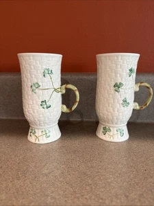 Set Of 2 Belleek Pottery Shamrock Irish Coffee Mug Mugs Ireland Basketweave  - Picture 1 of 4
