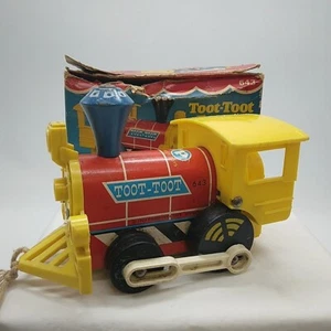 Vintage Fisher Price 1964 Pull-A-Long Yellow & Red 643 Toot Toot Engine with Box - Picture 1 of 20
