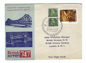 India FIRST FLIGHT COVER Brisbane-Sydney-Hong Kong -Calcutta-Muscat-London 1977 - Picture 1 of 2