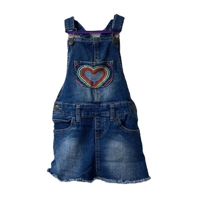 Girl's Denim Overalls Skirt Dress Size XS Cat & Jack Blue Embroidered Hearts - Image 1 of 4