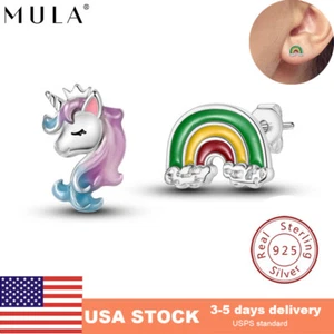MULA 925 Sterling Silver Stud Earrings AAA CZ Rainbow Horse For Women Jewelry - Picture 1 of 7