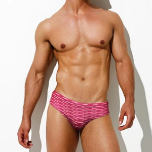 Men's Swimming Swimsuit Briefs Pad Cup Sexy Red Print Fashion Beach Underwear - Picture 1 of 9