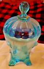 Vintage Fostoria Light Ice Blue Coin Covered Lidded Pedestal Compote Candy Dish