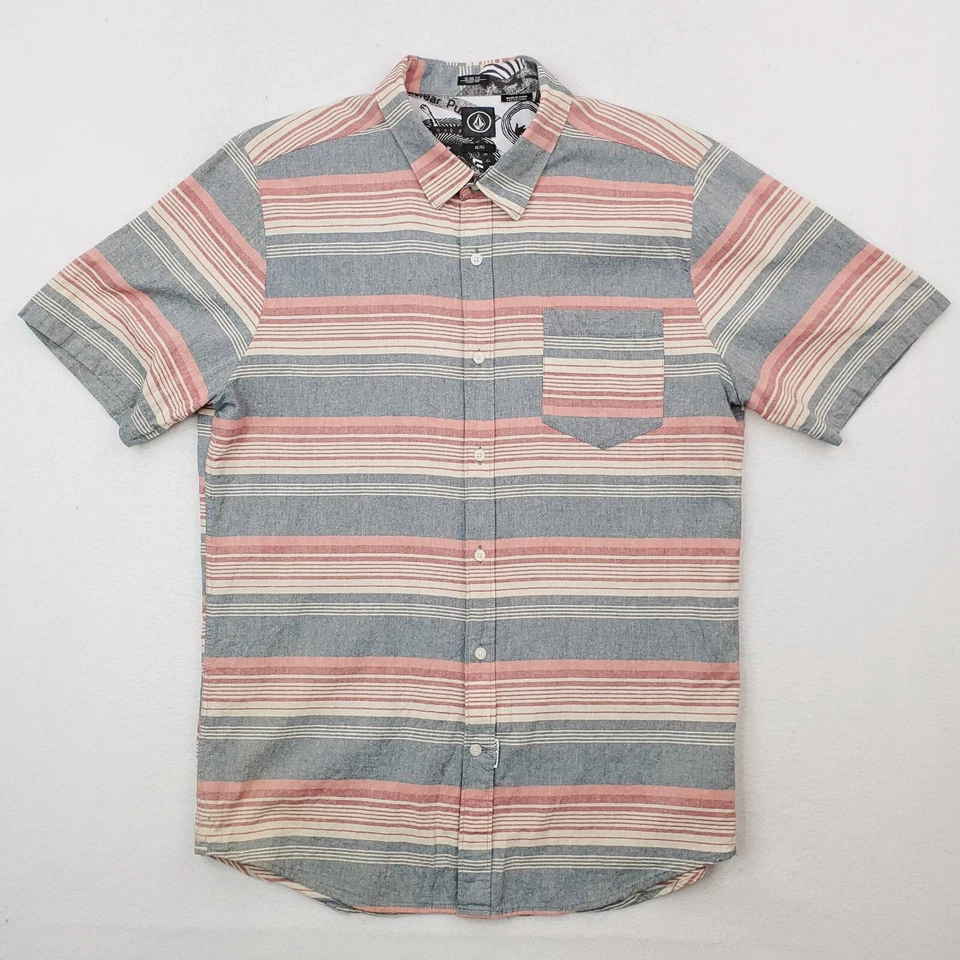 Volcom Shirt Mens Extra Large Blue Pink Horzy Striped Slim Fit Skater Surf Beach - Image 1 of 4
