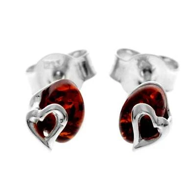 925 Argento Sterling & Vera Ambra Baltica Piccolo Cuori Orecchini - 847 - Immagine 1 di 4