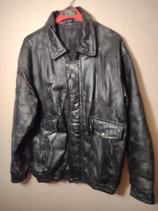 Vtg Genuine Black Leather Patchwork Bomber Jacket Size XXL front zipper broken - Picture 1 of 6
