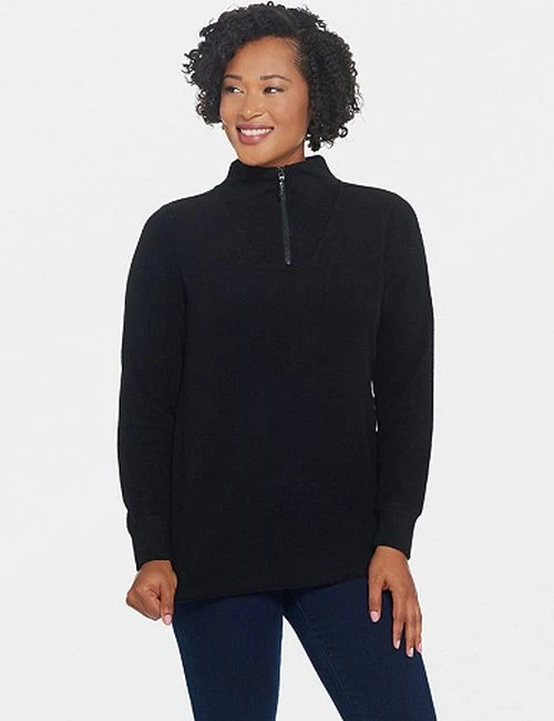 Denim & Co Black Half Zip Pullover Top New Active Sherpa Sweatshirt - Image 1 of 3