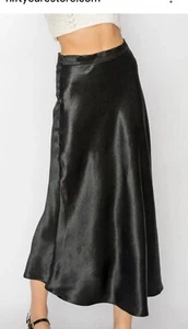 Gonna Midi Doppio Zero Raso Donna Taglia S In Nero Swing Flair Foderata con Cerniera - Foto 1 di 9