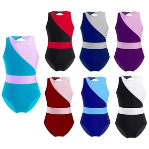 Kids Girl's Dance Leotard Gymnastics Training Contrast Color Jumpsuit Dancewear - Picture 1 of 44