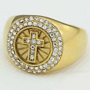 Men's Stainless Steel,CROSS,CZ Stone Iced Bling Gold Plated Rings #8-13 BOX - Picture 1 of 3