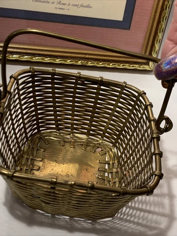 Vintage Handmade Woven Small Brass Trinket Basket~Handled~Square~Vanity~Gift Cover