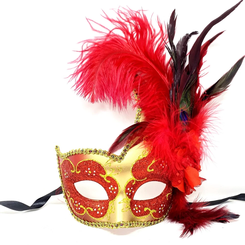 Women's Masquerade Feather Mask Venetian Halloween Wedding Mardi Gras Costumes - Image 1 of 3