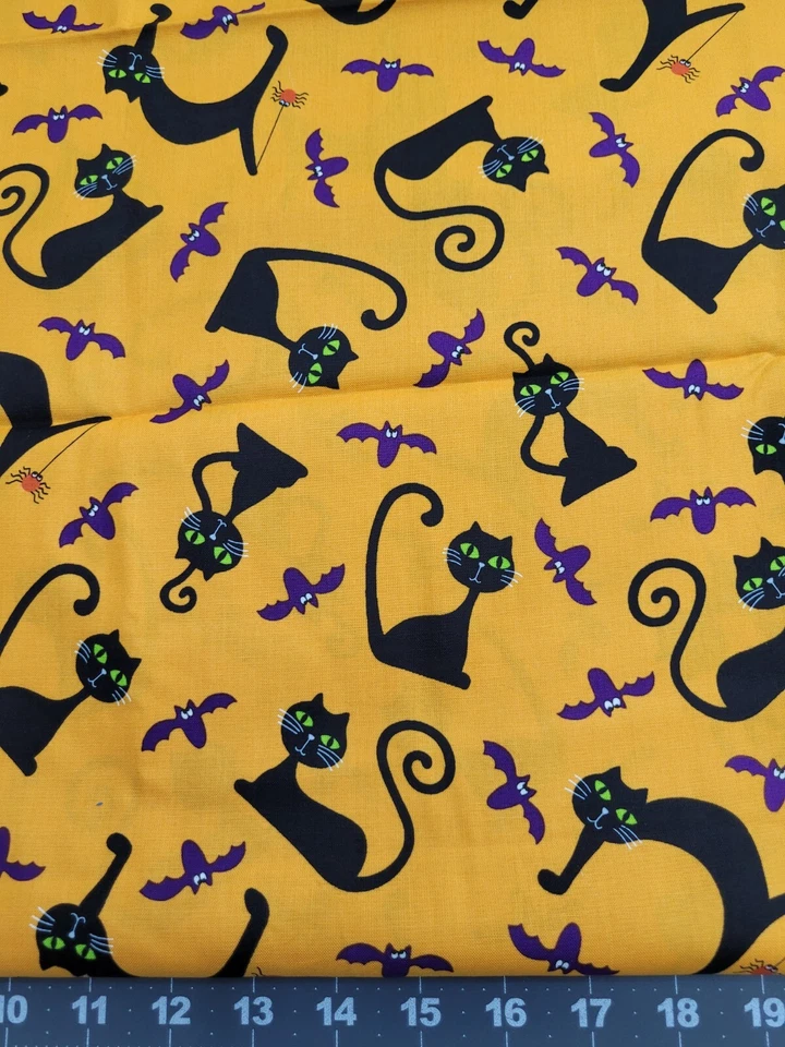 Halloween Black Cats Bats on Dark Yellow Cotton Fabric By Andover Fabrics 2Yards - Image 1 of 3