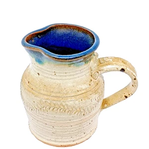 Creamer Pitcher Artisan Pottery Stoneware Textured Handle Beige Blue Green Glaze - Picture 1 of 13