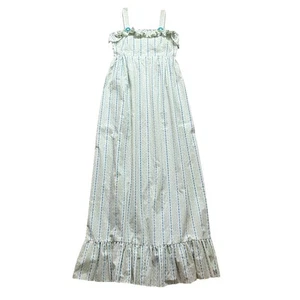 Vintage Flocked White Blue Floral Striped Maxi Dress Sleeveless Square Neck - Picture 1 of 7