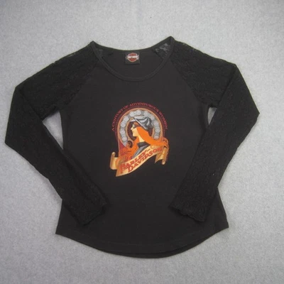 Camisa Harley Davidson Mujer Pequeña Negra Encaje Manga Larga Gráfico Denton TX Foto 1 de 4
