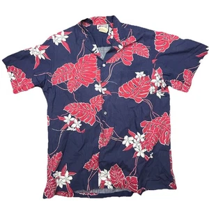 MALIHINI Hawaii Hawaiian Shirt Floral Blue Red VIntage Men's Large Aloha - Picture 1 of 6