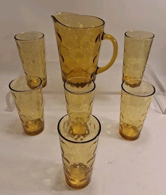 Jarra de vidrio con hoyuelos ámbar Hazel Atlas de colección 64 oz y vasos de 6-16 OZ leer mirar Foto 1 de 4