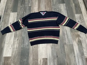 VTG TOMMY HILFIGER Lion Crest Color Block Striped Crewneck Sweater 90s XL - Picture 1 of 6