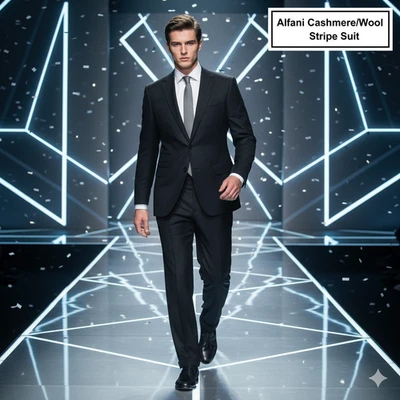 Новый без ценников мужской костюм Alfani из 2 предметов 46R 44x32 кашемир/шерсть черный в полоску 6 карманов роскошь - Изображение 1 из 4