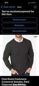 CLUB ROOM Cashmere CREW-NECK PULLOVER Dark Charcoal MEN sz SMALL NWT - Picture 1 of 4