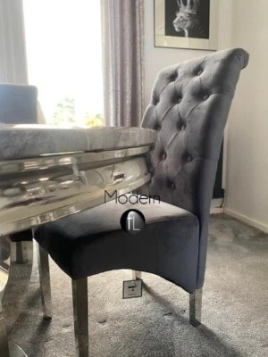 Grey Dining Chairs Charcoal Velvet x4 Chrome Leg Scroll Back & Lion Knocker - image 1 of 4