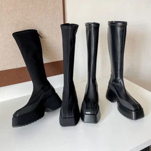 Women' Fashion Square Toe Platform Zipper Stretched Knee High Boots Shoes  - Picture 1 of 14