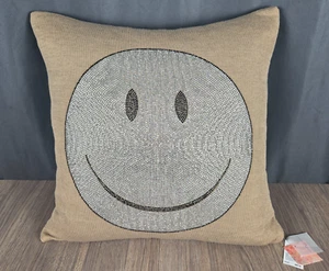 Chelsea & Theodore Home jeweled smiley face beige silver pillow, New 20" - Picture 1 of 5