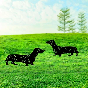 2 Pcs Metal Garden Outdoor Yard Art Decor Dachshund Statues Stakes Dog Sculpture - Picture 1 of 11
