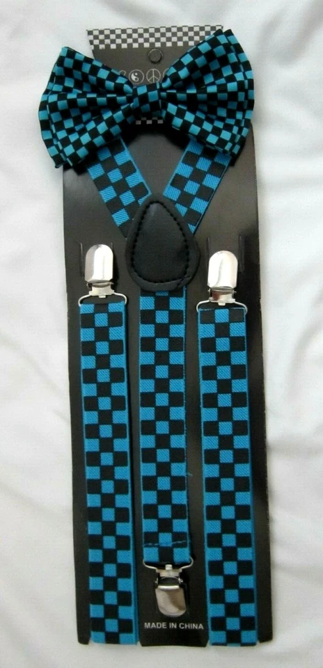 TURQUOISE BLUE SMALL CHECKER STRAP BOW TIE+TURQUOISE BLUE CHECKERS SUSPENDERS  - Image 1 of 1