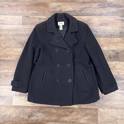 LL Bean Peacoat Womens 12 Petite Black Wool Quilt Lined Coat Jacket - Image 1 of 4