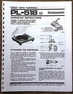 Pioneer PL-518 Turntable Owners Manual - Picture 1 of 3