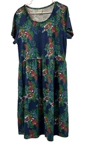 Blair Women L Midi Dress Smocked Front Navy & Pink Floral Cottagecore Summer - Picture 1 of 10