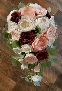 Pink Burgundy White Bridal Bouquet Sola Wood Falling Flowers Cascade Wedding - Picture 1 of 2