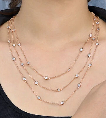 60" Rose Gold Plated CZ Satellite Station Necklace CZ's By The Yard .925 - Image 1 of 4
