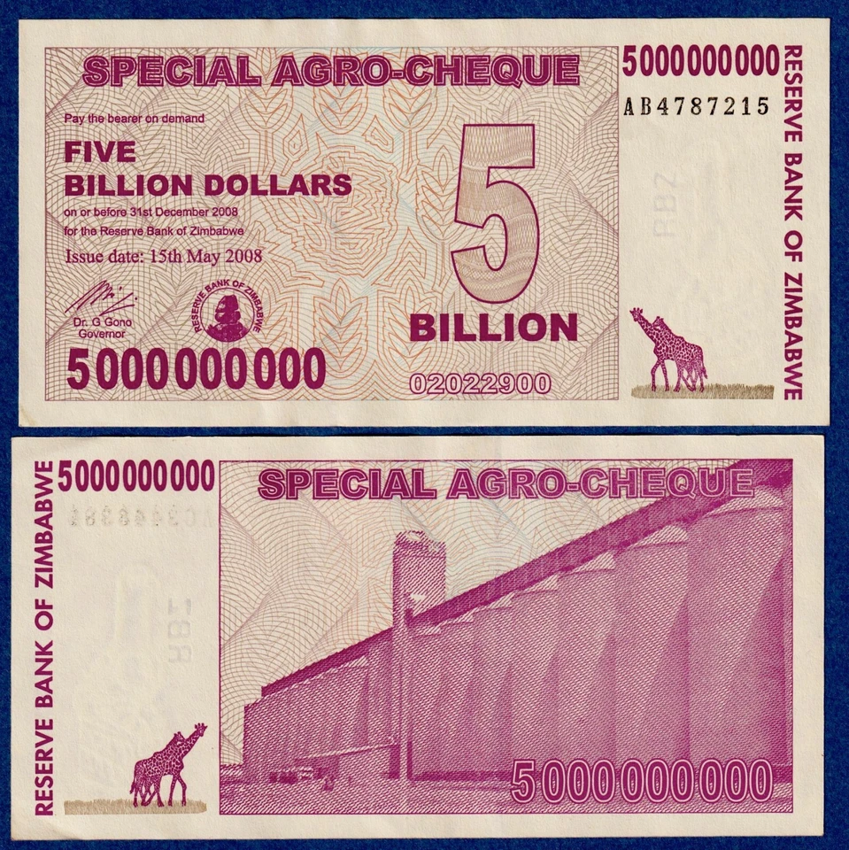 ZIMBABWE 5 BILLION DOLLARS (2008) P-61 SPL AGRO CHEQUE CIRCULATED FREE SHIP 🇨🇦 - Image 1 of 1